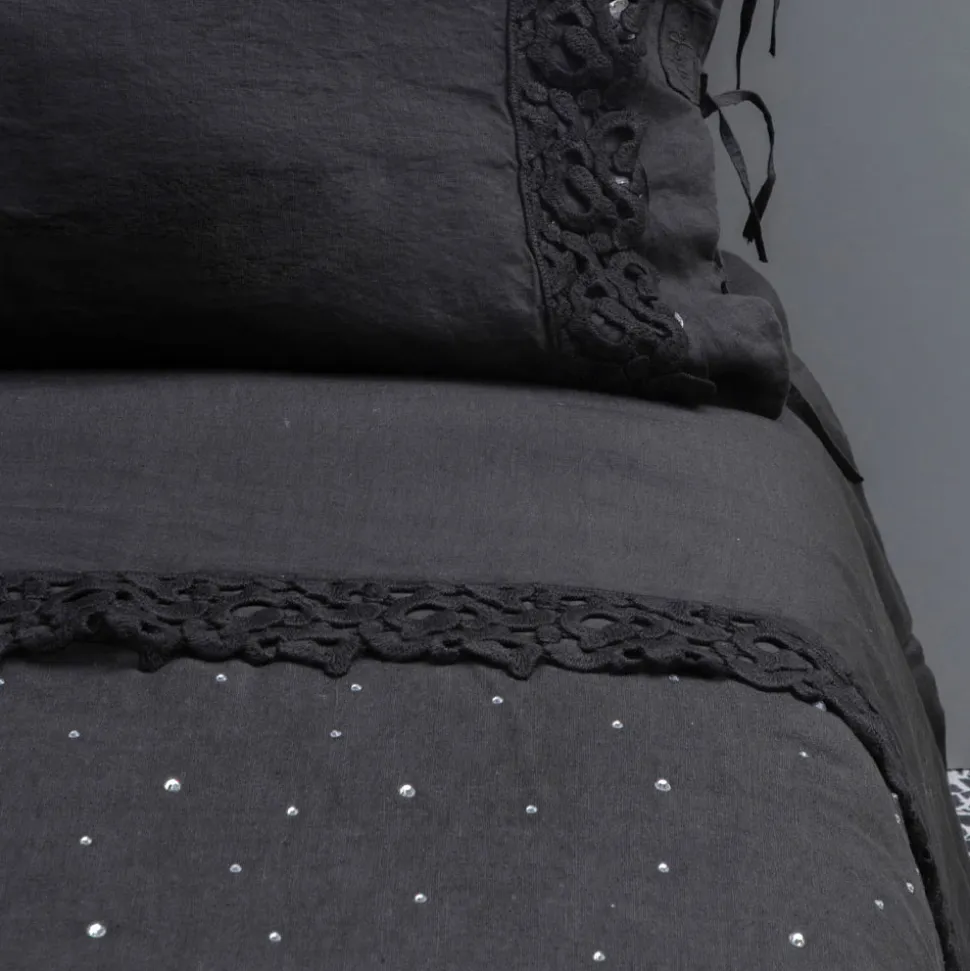 Copripiumone in Lino Nero con Cristalli Letto Matrimoniale di Lusso - Damante