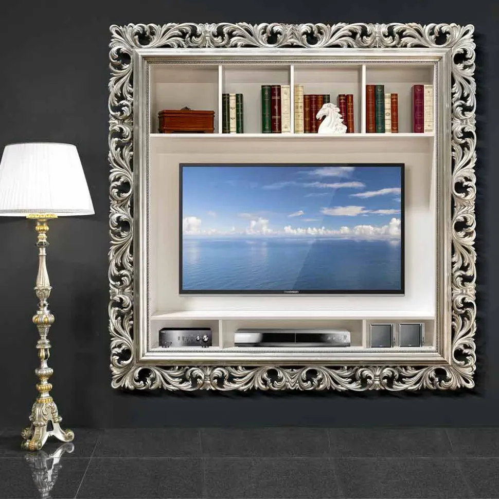 Cornice porta TV da parete in legno prodotta a mano in Italia Mario