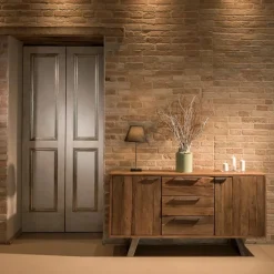 Credenza da Salotto con 2 Ante e 3 Cassetti in Legno Tropicale Riciclato - Slide