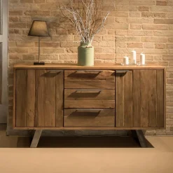 Credenza da Salotto con 2 Ante e 3 Cassetti in Legno Tropicale Riciclato - Slide