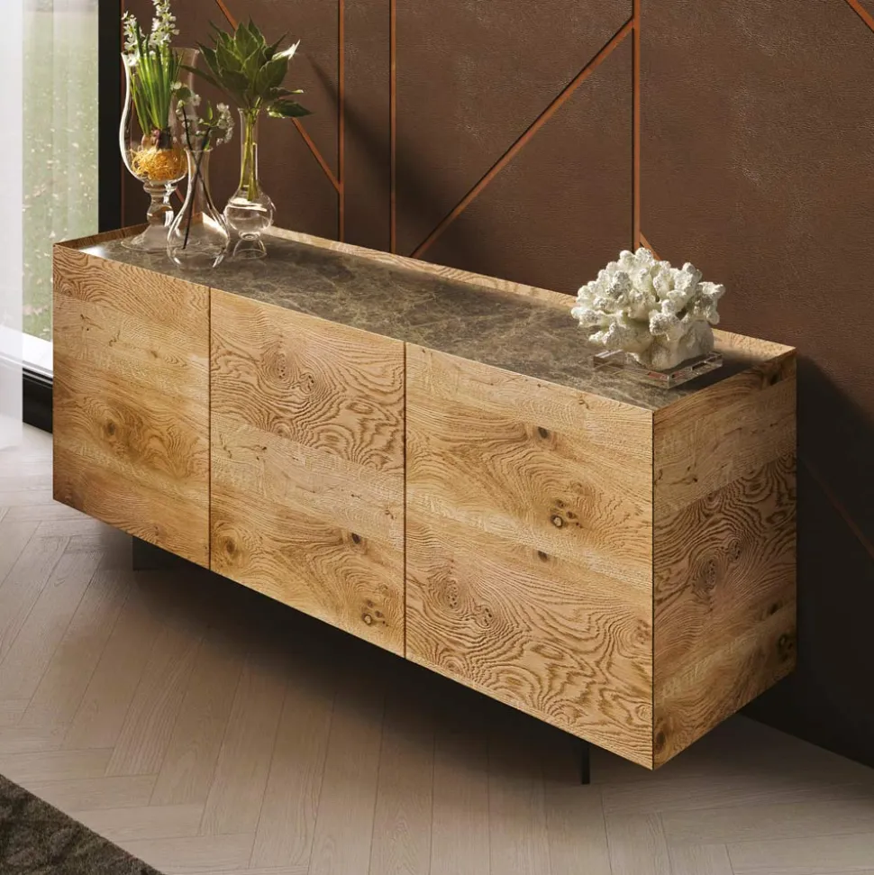 Credenza in Legno a 3 Ante con Base in Cristallo Temperato Made in Italy - Soraya