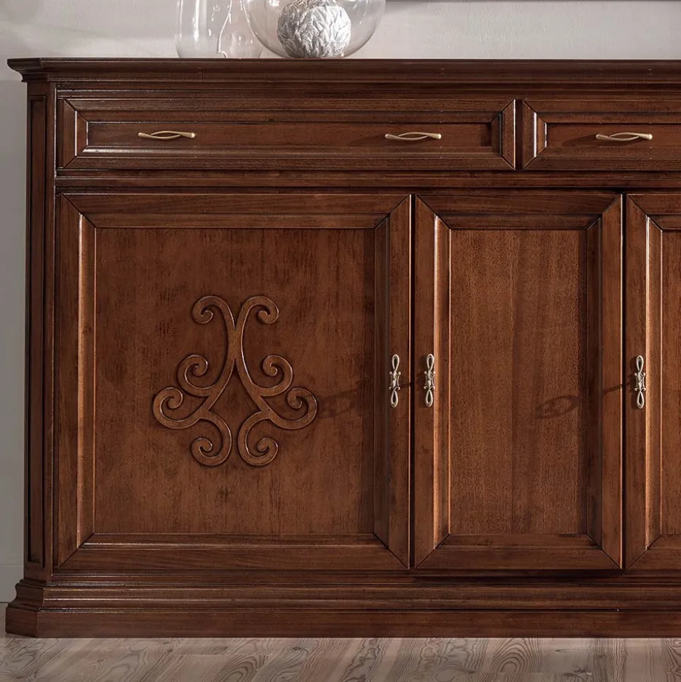 Credenza in Legno Finitura Noce Patinato con Decoro Giglio Made in Italy - Ciliegia