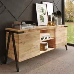 Credenza in Legno Rovere e Metallo con 2 Ante e Vano a Giorno Made in Italy - Jennifer