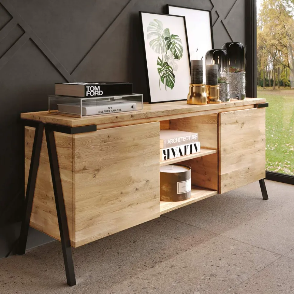 Credenza in Legno Rovere e Metallo con 2 Ante e Vano a Giorno Made in Italy - Jennifer