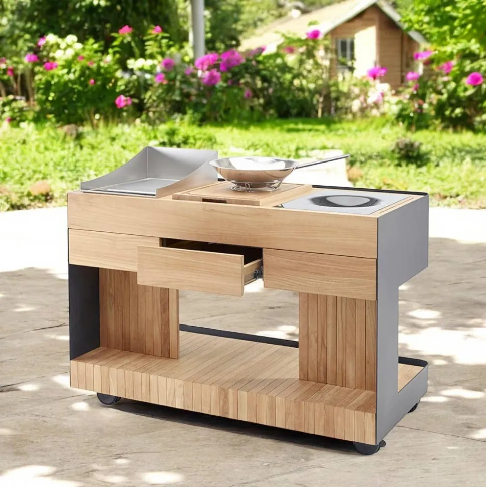 Cucina da Esterno 141x70x93 cm Realizzata in Teak Massiccio e Alluminio - Stilosa