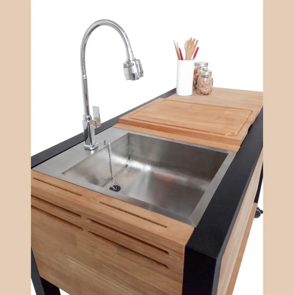Cucina da Esterno 140x65x93 cm Realizzata in Teak Massiccio e Alluminio - Conviviale