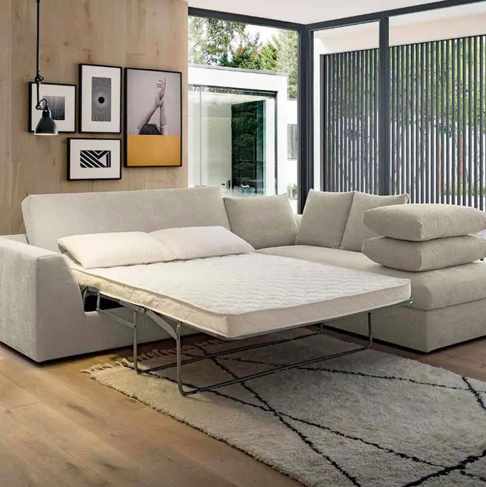 Divano Letto Angolare di Design in Tessuto Beige Realizzato in Italia - Ortensia