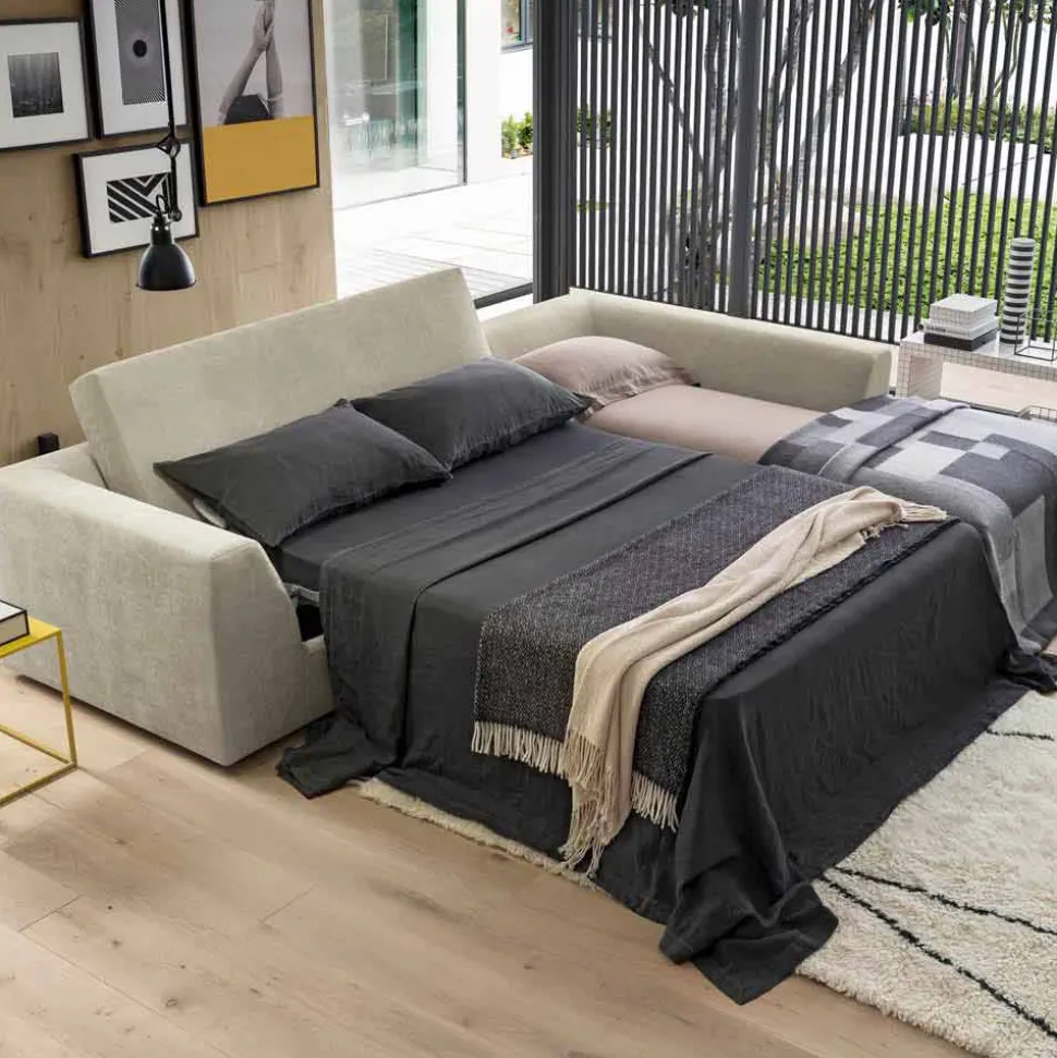 Divano Letto Angolare di Design in Tessuto Beige Realizzato in Italia - Ortensia
