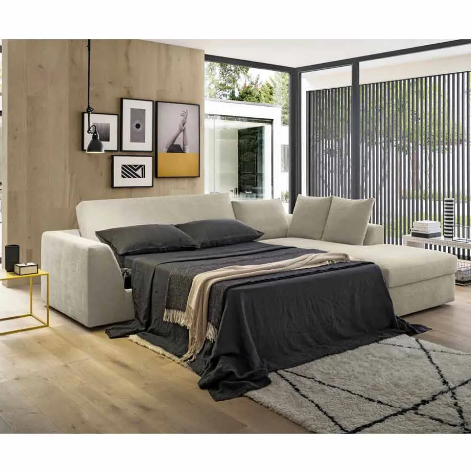 Divano Letto Angolare di Design in Tessuto Beige Realizzato in Italia - Ortensia