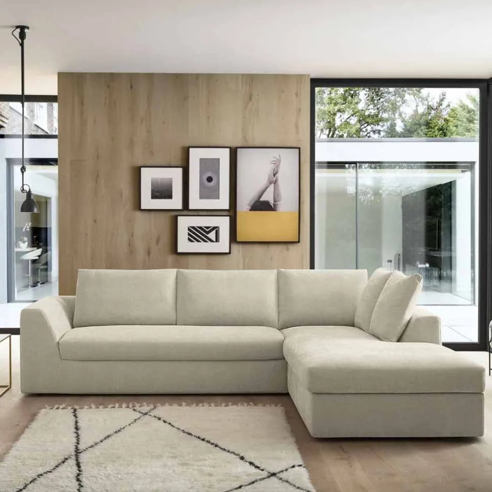 Divano Letto Angolare di Design in Tessuto Beige Realizzato in Italia - Ortensia