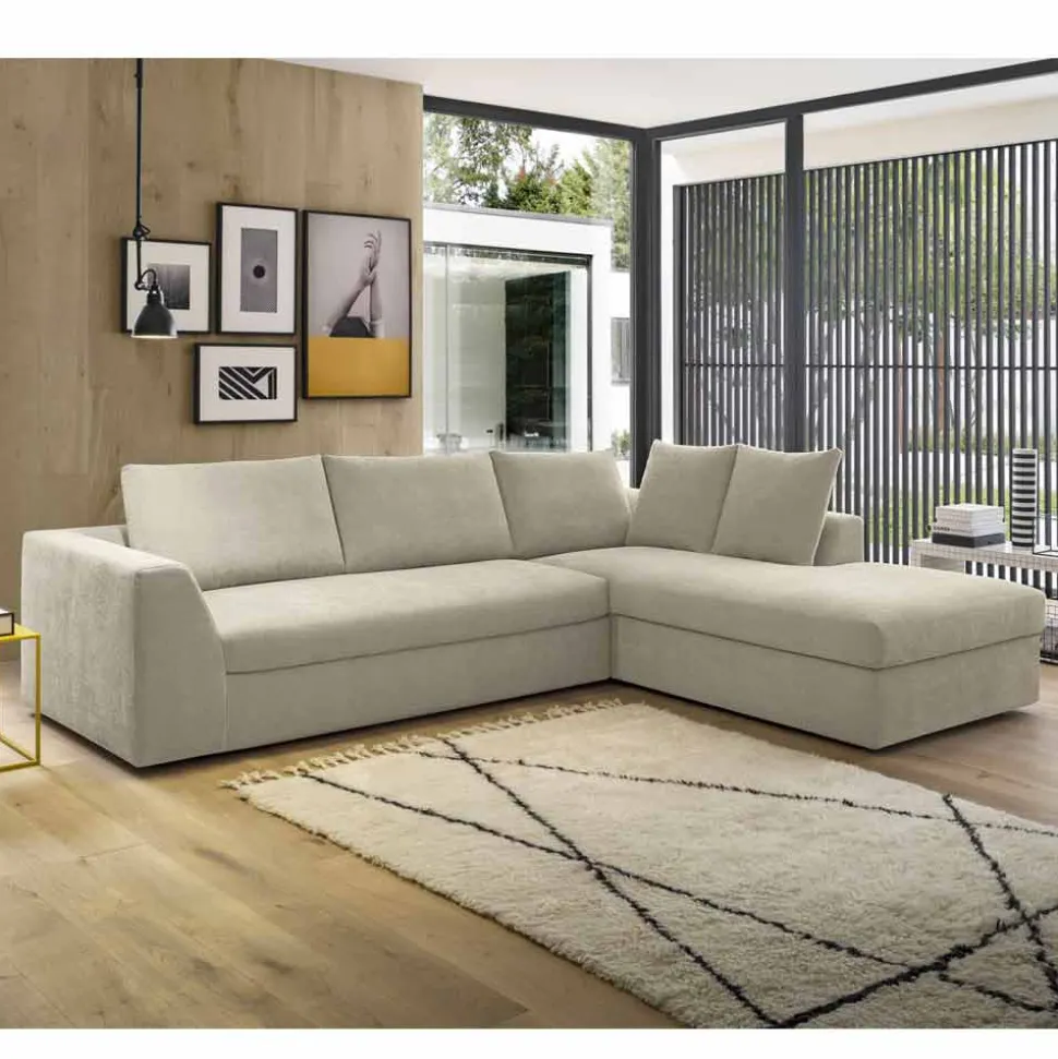 Divano Letto Angolare di Design in Tessuto Beige Realizzato in Italia - Ortensia