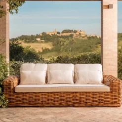 Divano 3 Posti o Maxi da Giardino in Rattan Naturale con Cuscini – Keira