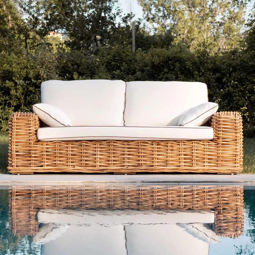 Divano 3 Posti o Maxi da Giardino in Rattan Naturale con Cuscini – Keira