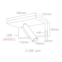 Faretto da Parete a Led Orientabile in Alluminio con Porte USB - Alena