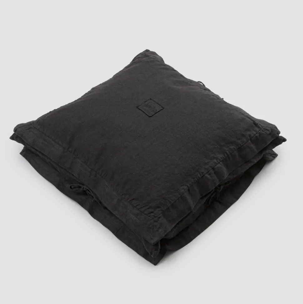 Federa Cuscini Quadrata in Lino Pesante Nero e Laccetti Made in Italy - Matero