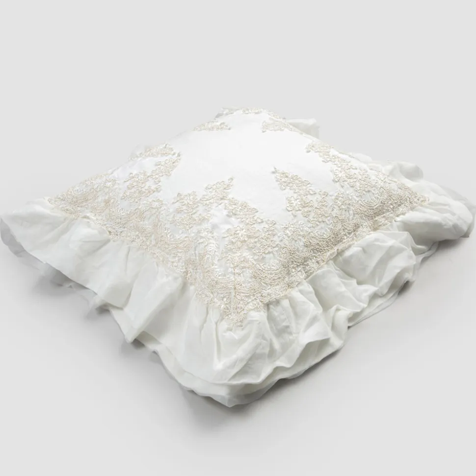 Federa Quadrata in Lino Bianco con Pizzo di Decoro sui Bordi e Balze - Priscilla