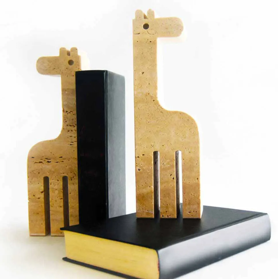 2 Fermalibri in Marmo Travertino a Forma di Giraffa Made in Italy - Morra