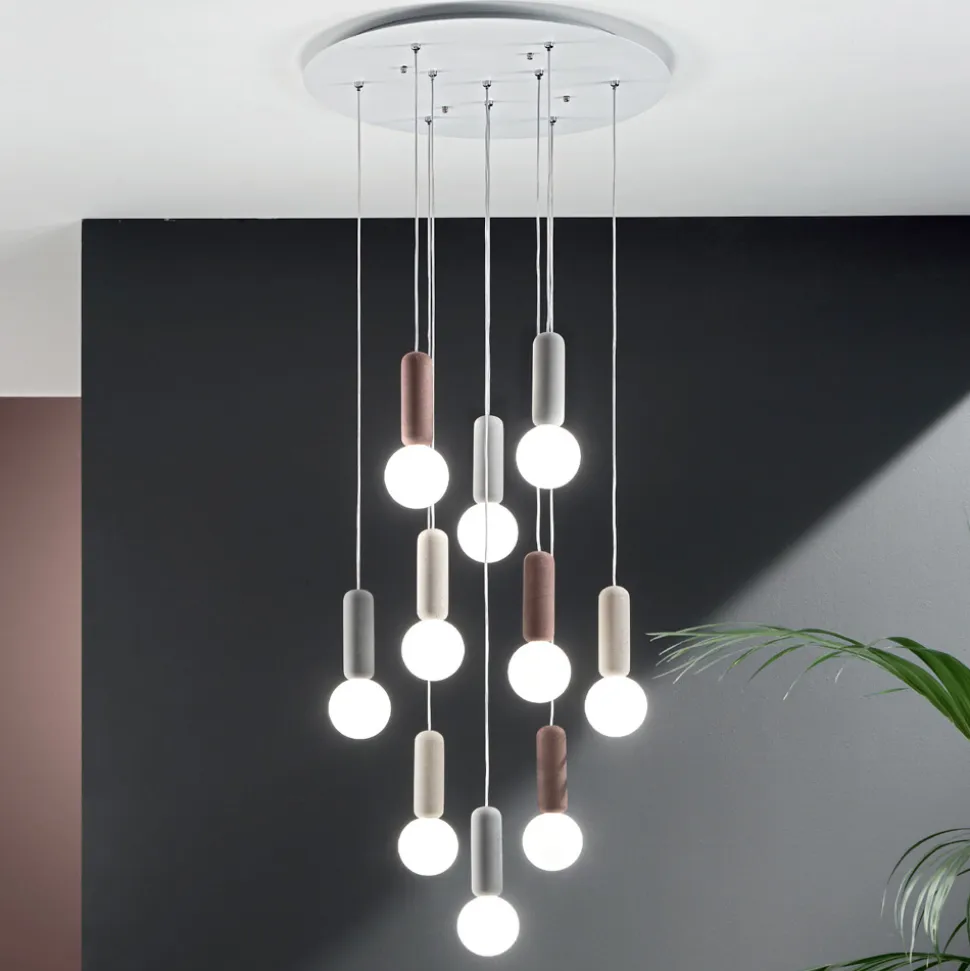 Lampada a Sospensione a 6 o 10 Luci in Cemento e Vetro Soffiato - Duster