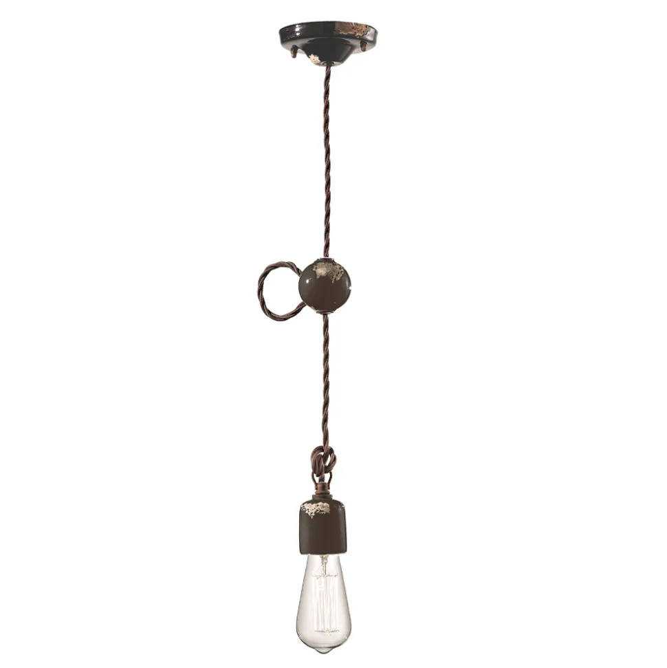 Lampada a Sospensione Artigianale Industriale in Ferro e Ceramica - Vintage