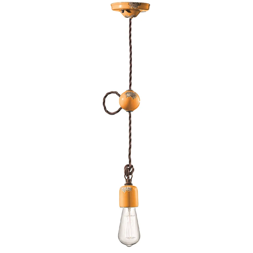Lampada a Sospensione Artigianale Industriale in Ferro e Ceramica - Vintage