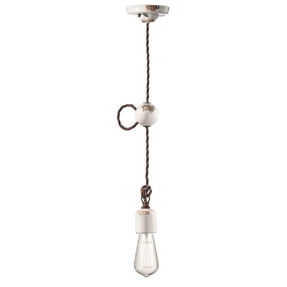 Lampada a Sospensione Artigianale Industriale in Ferro e Ceramica - Vintage