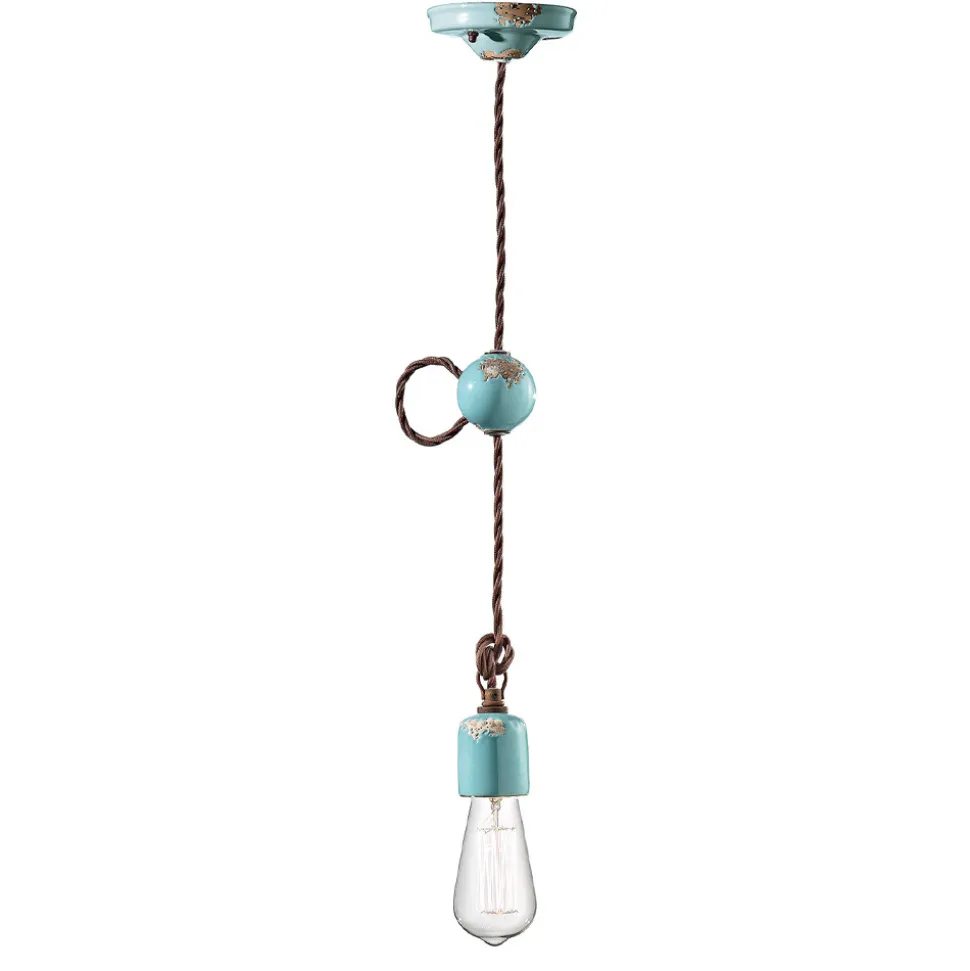 Lampada a Sospensione Artigianale Industriale in Ferro e Ceramica - Vintage