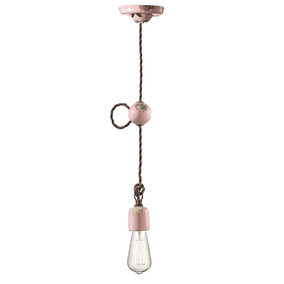 Lampada a Sospensione Artigianale Industriale in Ferro e Ceramica - Vintage