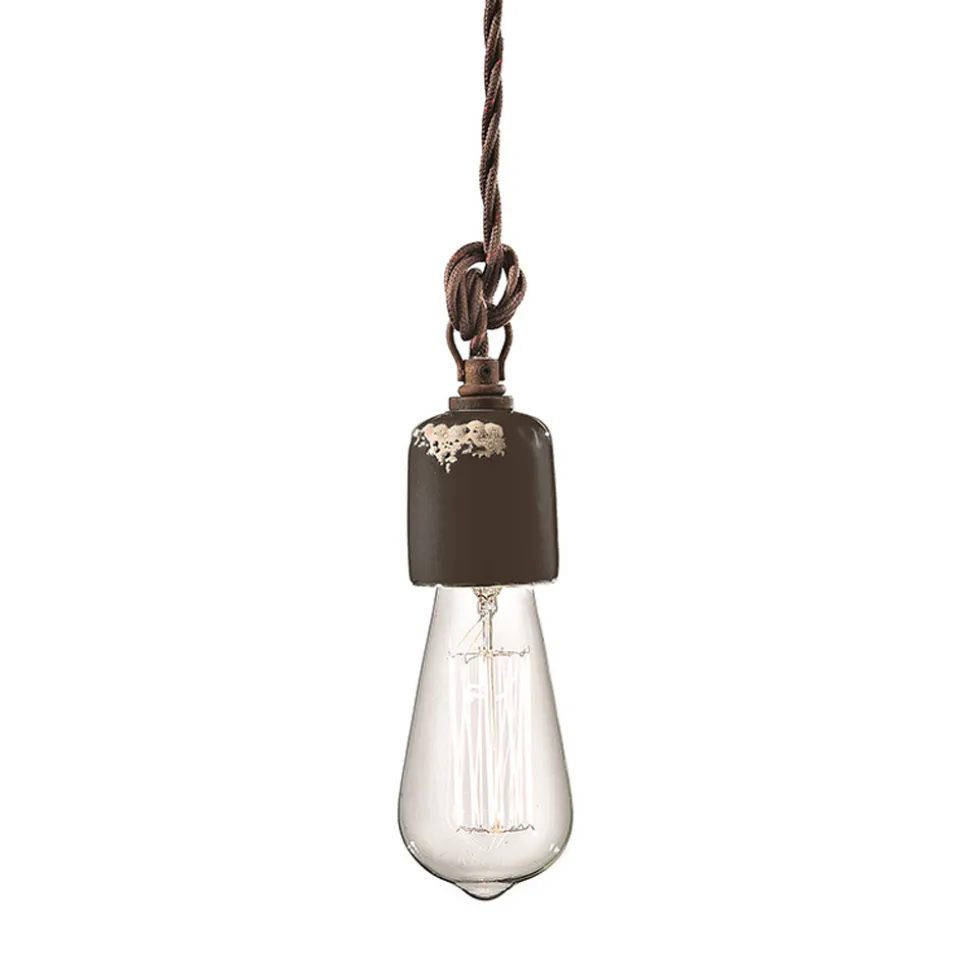 Lampada a Sospensione Artigianale Industriale in Ferro e Ceramica - Vintage