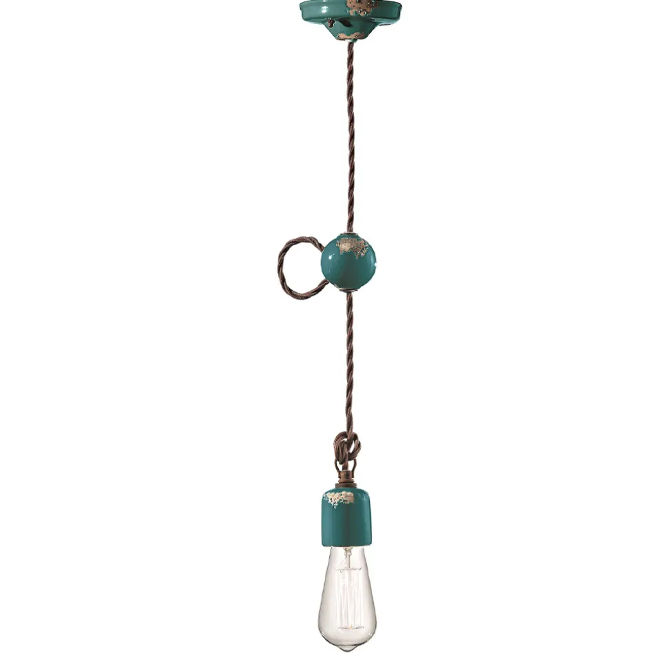 Lampada a Sospensione Artigianale Industriale in Ferro e Ceramica - Vintage