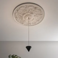 Lampada a Sospensione Design Gesso Bianco e Alluminio Nero 1 Cono - Tesera
