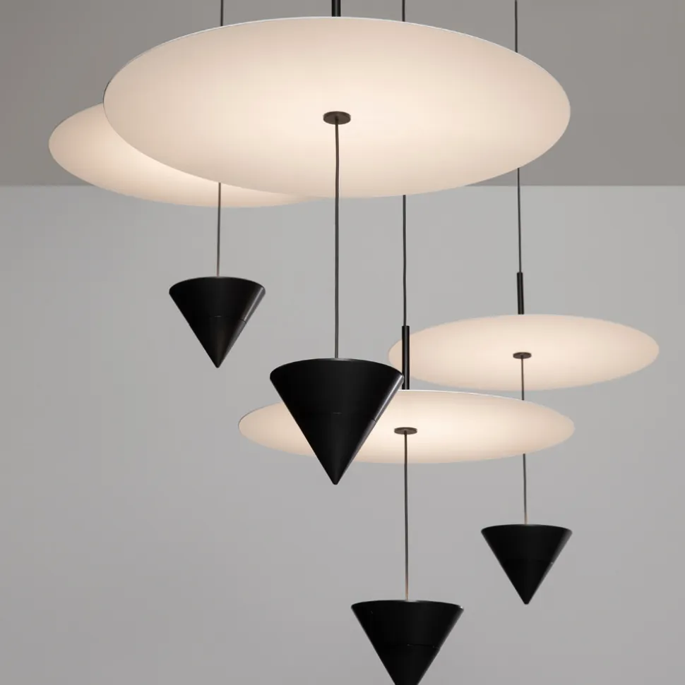 Lampada a Sospensione in Alluminio con Piatto Bianco e Cono Nero - Padel