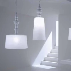 Lampada a Sospensione in Ceramica Bianca Paralume in Lino Corto Design - Cadabra