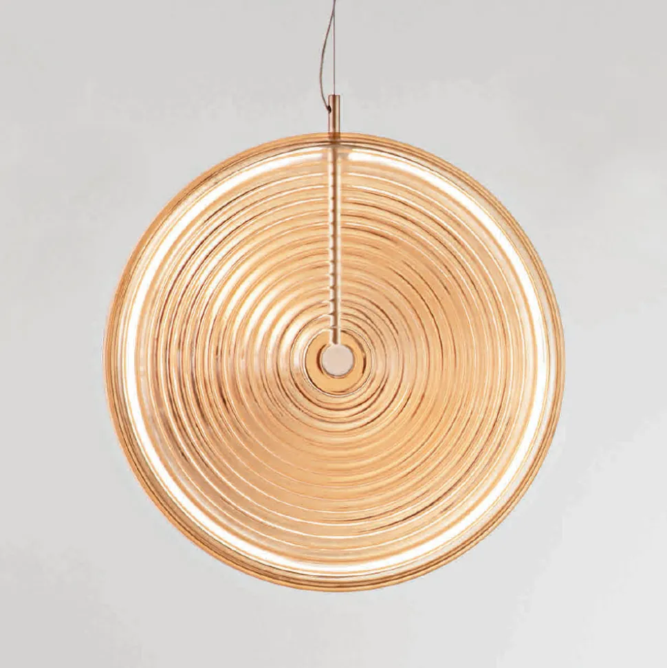 Lampada a Sospensione in Metallo e Vetro Decorato a Righe Concentriche - Bagolaro