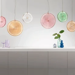 Lampada a Sospensione in Metallo e Vetro Decorato a Righe Concentriche - Bagolaro