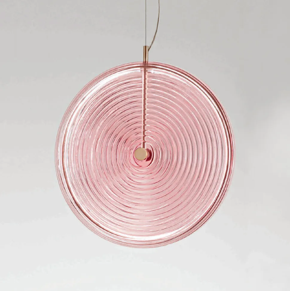 Lampada a Sospensione in Metallo e Vetro Decorato a Righe Concentriche - Bagolaro