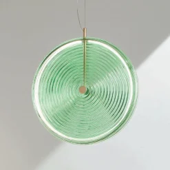 Lampada a Sospensione in Metallo e Vetro Decorato a Righe Concentriche - Bagolaro