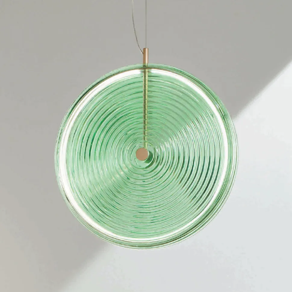 Lampada a Sospensione in Metallo e Vetro Decorato a Righe Concentriche - Bagolaro