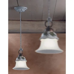 Lampada a Sospensione in Vetro, Ferro e Ceramica Dipinta a Mano - Ferrara