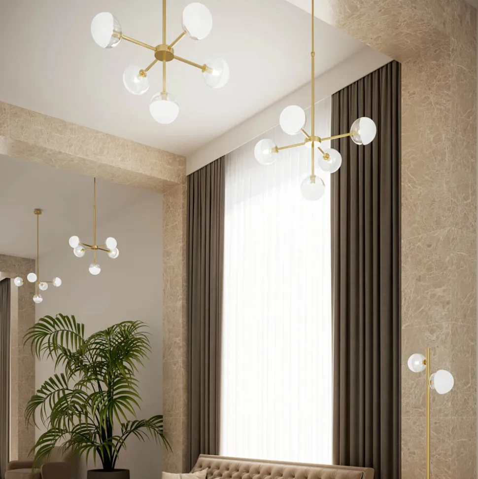 Lampada a Sospensione 5 Luci in Ottone Naturale e Vetro - Molecola by Il Fanale