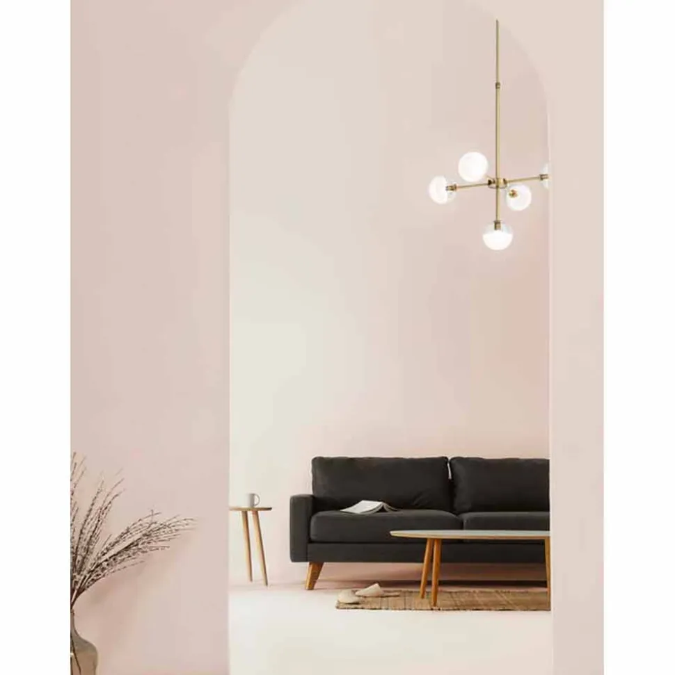 Lampada a Sospensione 5 Luci in Ottone Naturale e Vetro - Molecola by Il Fanale