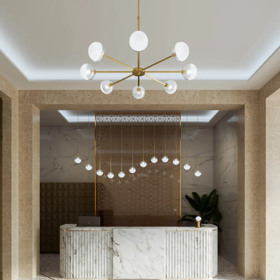 Lampada a Sospensione 8 Luci in Ottone Naturale e Vetro - Molecola by Il Fanale