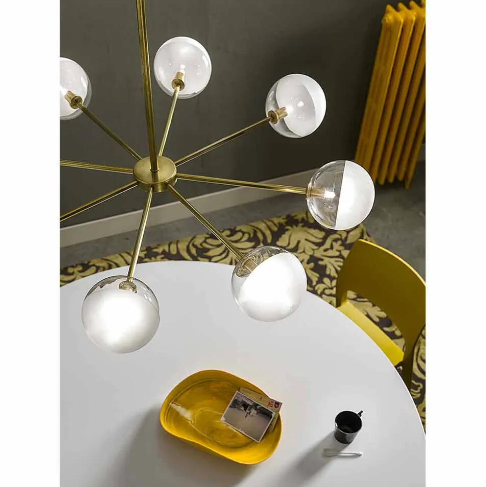 Lampada a Sospensione 8 Luci in Ottone Naturale e Vetro - Molecola by Il Fanale