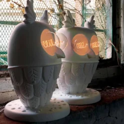 Lampada da Tavolo in Ceramica Bianca Opaca 2 Luci Design Moderno Civetta - Gufo