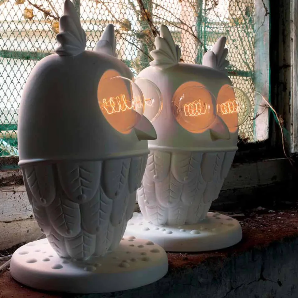 Lampada da Tavolo in Ceramica Bianca Opaca 2 Luci Design Moderno Civetta - Gufo