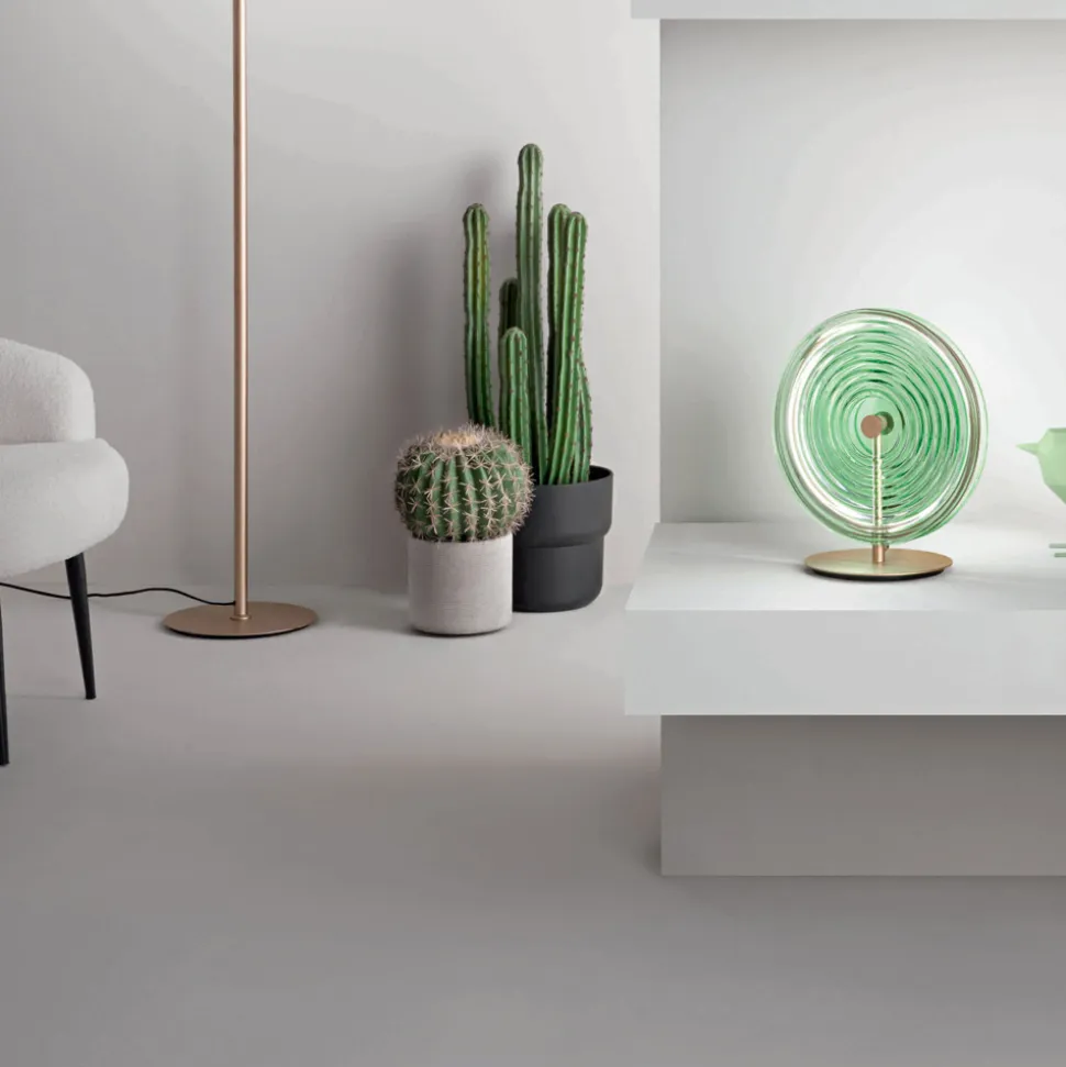 Lampada da Tavolo in Metallo e Vetro Decorato a Righe Concentriche - Bagolaro