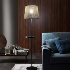 Lampada da Terra in Metallo Nero e Rattan con Mensola Made in Italy - Livia