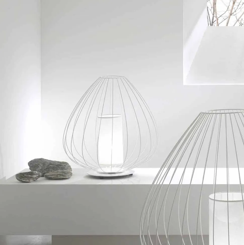 Lampada da Terra o da Appoggio in Filo Metallico Bianco o Bronzo - Lanterna