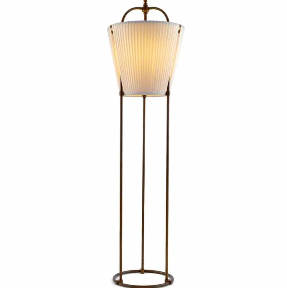 Lampada da terra Tenarunga, in ottone anticato, 1 luce, con schermo in tessuto