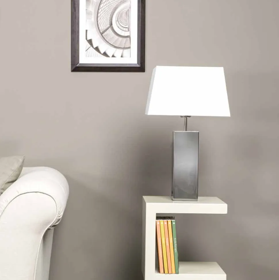 Lampada di design moderno da tavolo in acciaio e paralume bianco Renna