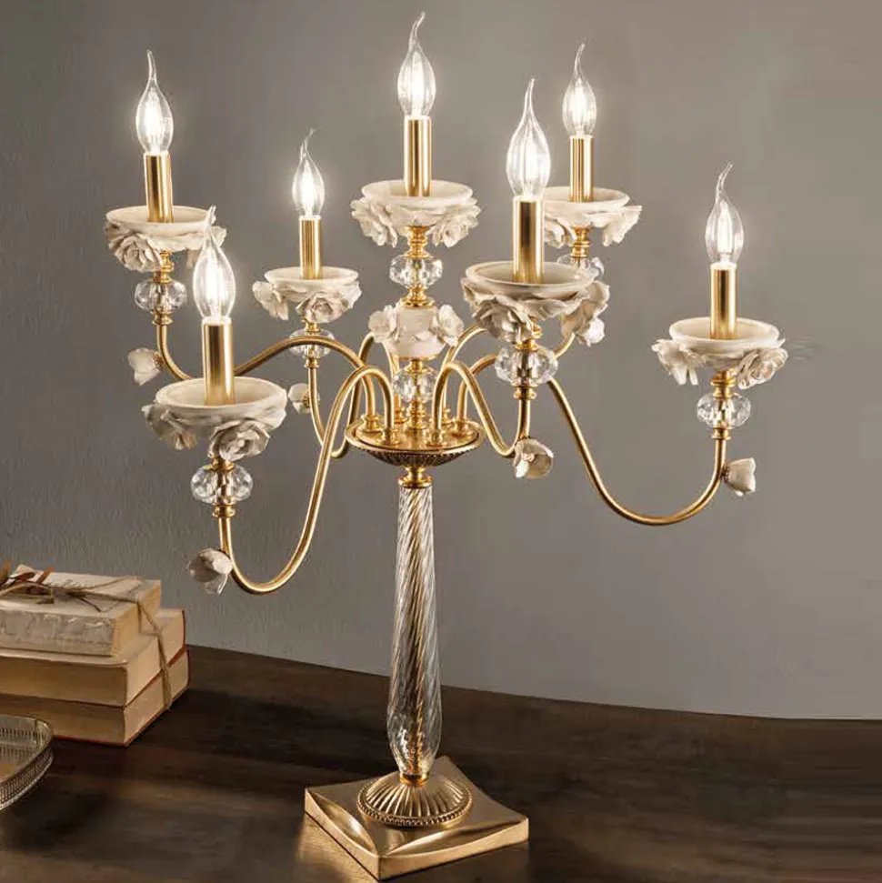 Lampada Flambeaux 7 Luci Classica in Porcellana e Vetro Soffiato - Eteria